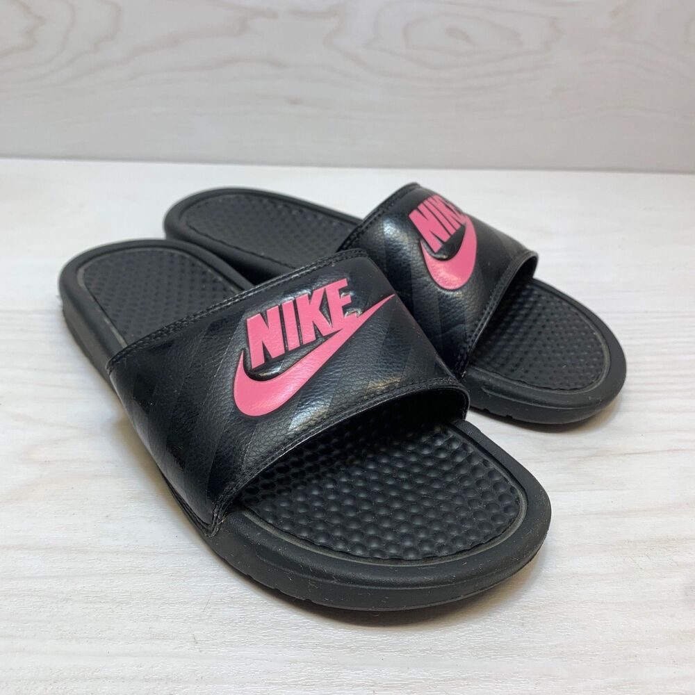 Nike Women's Benassi JDI Slides Black Pink Sandals Size 9‎ Sports Gym Travel